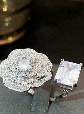 璀璨波光山茶花满钻闪钻开口戒指女港风轻奢小众精工设计感指环女