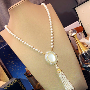 高级感猫眼石长珍珠毛衣链秋冬长款珍珠项链女款新款流苏项链颈链