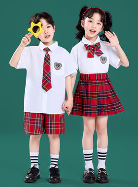 儿童啦啦队演出服学院风格子裤衬衫套装小学生班服幼儿园诗歌朗诵