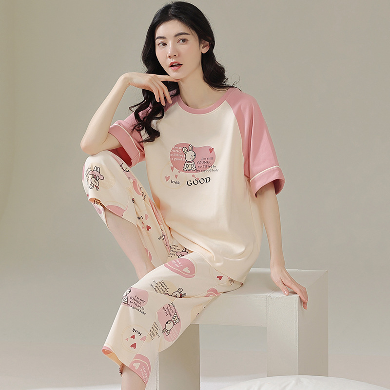 夏季棉质女士短袖七分裤睡衣简约休闲透气大码青年家居服夏天