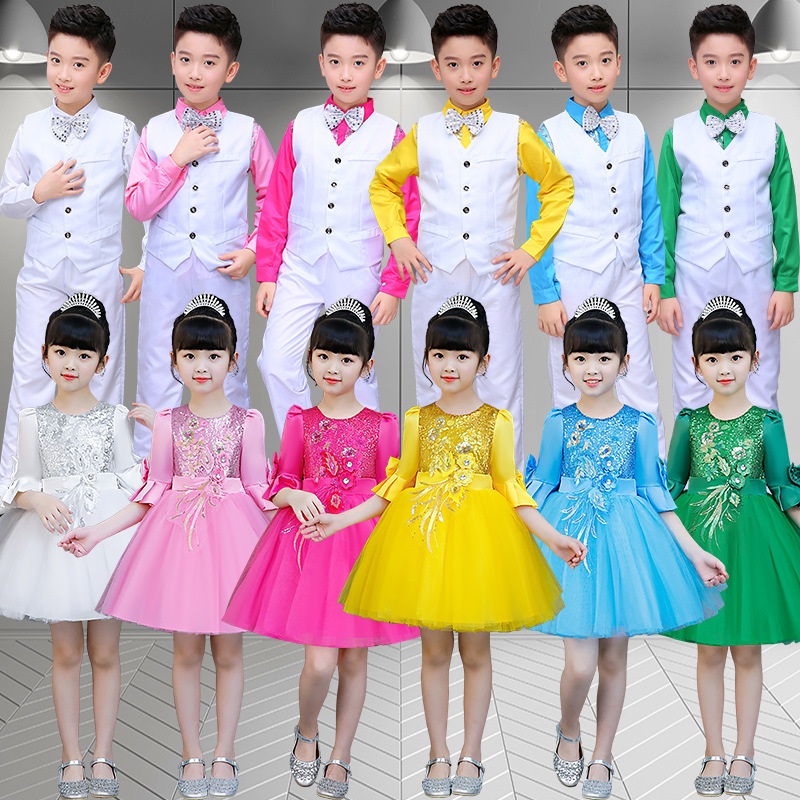 儿童合唱服长袖黄色诗歌朗诵元旦幼儿表演服装男女童蓬蓬裙演出服