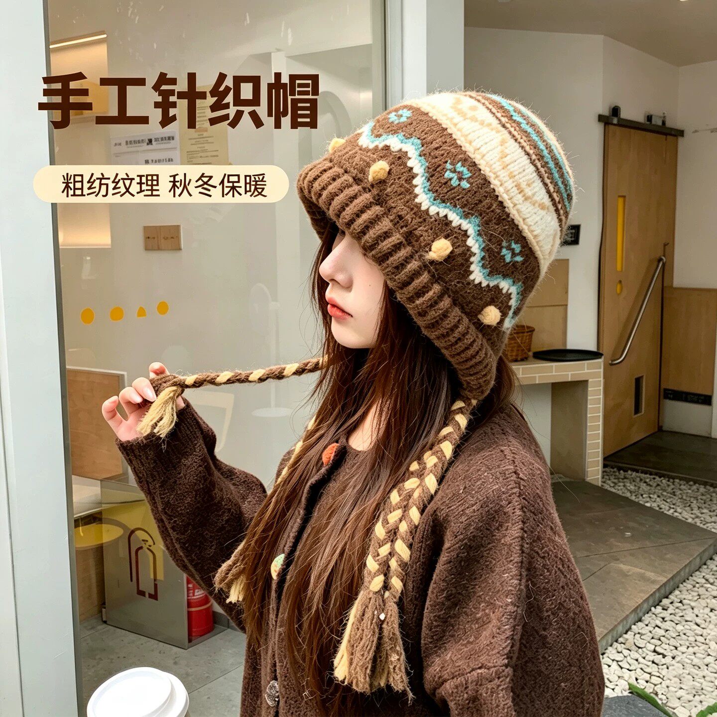 费尔岛风保暖帽子女秋冬季防寒护耳针织帽显脸小大头围百搭套头帽