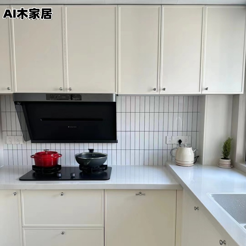 杭州定制法式整体橱柜复古奶油风厨房烤漆柜门石英石台面一体定做