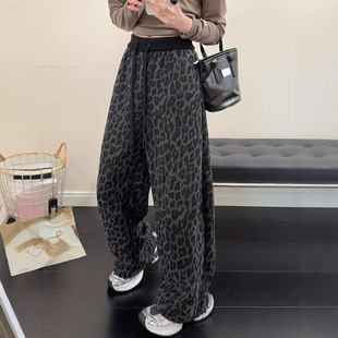 韩代慵懒风撞色高腰豹纹休闲长裤女早春新款宽松阔腿显瘦百搭裤子