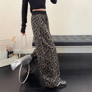 韩代慵懒风撞色高腰豹纹休闲长裤女早春新款宽弯刀裤显瘦百搭裤子