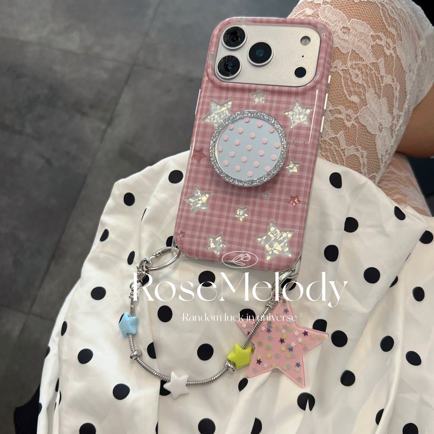 韩系ins少女心粉色格子银星星钻石纹适用17pro苹果18ProMax手机壳iPhone15闪粉粉波点镜子支架16Promax手提壳