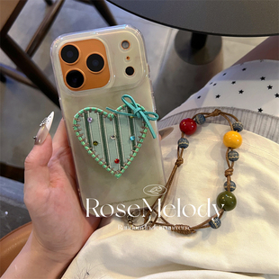 ins韩风晕染浅绿大理石纹适用iPhone17promax手机壳苹果16布质条纹爱心支架15promax小众14保护套13双层防摔