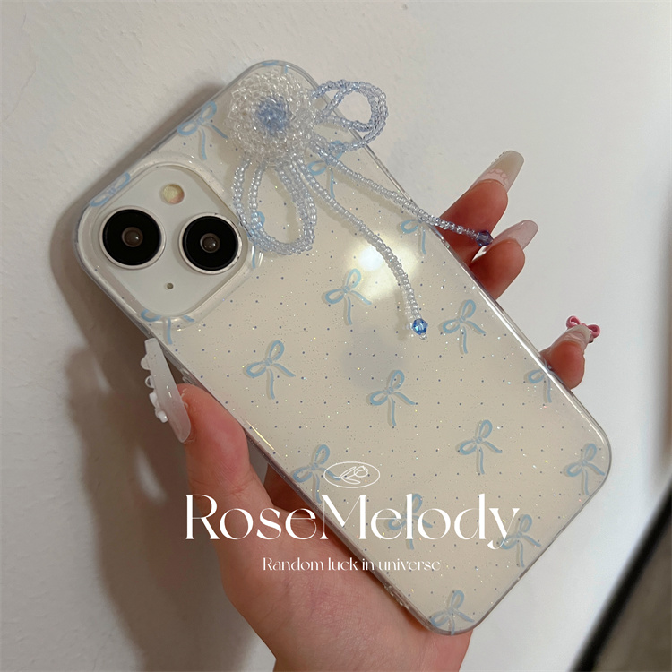 少女清新蓝色蝴蝶结闪粉适用于苹果16ProMax手机壳iPhone14花花蝴蝶结串珠流苏15promax可爱保护套13新款双层