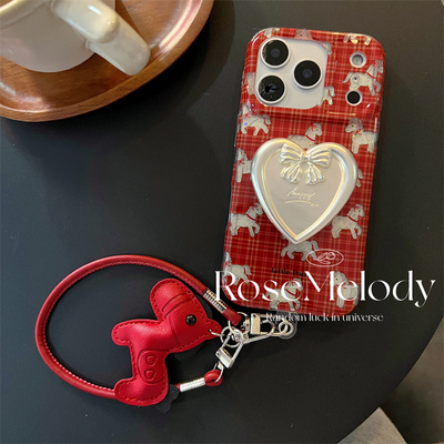 新年红色格子适用17pro苹果16ProMax手机壳iPhone16蝴蝶结小马13防摔14Proma闪粉x保护套15pro蝴蝶结爱心支架