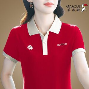 啄木鸟带领短袖T恤女夏冰丝薄款宽松妈妈上衣中年运动polo衫体恤