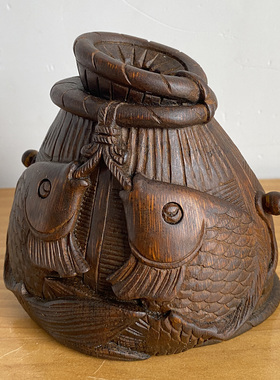 竹根雕小摆件【鱼篓】创意中式装饰品案头小摆设 手工收藏品