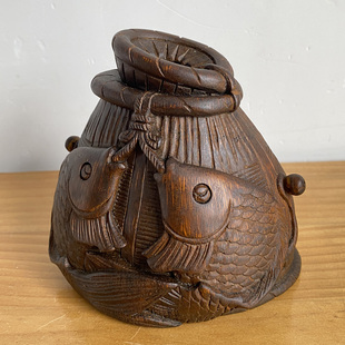 竹根雕小摆件【鱼篓】创意中式装饰品案头小摆设 手工收藏品