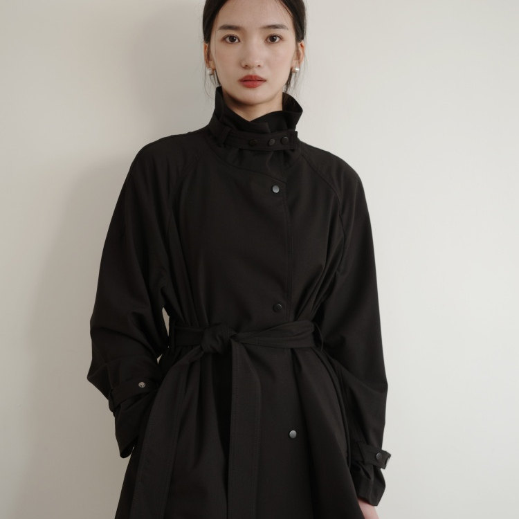 TOPUNA女装2025春季新款薄丝毛精纺色织短风衣立领一手长腰带风衣