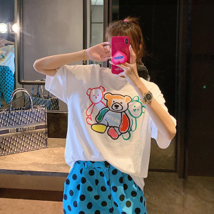 白色短袖 宽松洋气减龄小熊百搭纯棉上衣ins潮 t恤女2023年夏季 新款
