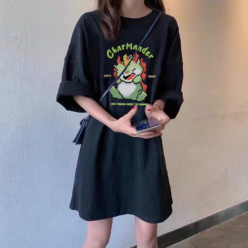 纯棉短袖t恤女夏季复古宽松显瘦连衣裙休闲夏装长t半袖中长款上衣