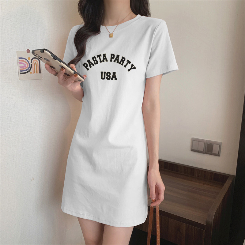 中长款t恤女连衣裙夏季宽松显瘦短袖字母印花大码女装懒人长t裙子