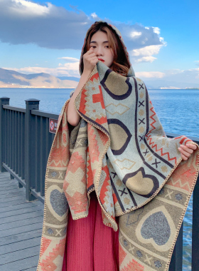 斗篷披肩外套女春秋两用披风红色民族风防晒保暖沙漠拍照茶卡盐湖