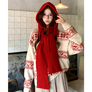 红色帽子女款 冬简约港风学生巴拉克拉法帽围巾一体显脸小 2025新款