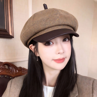 复古皮檐拼接帽子女2026新款秋冬大头围学生显脸小百搭八角贝雷帽