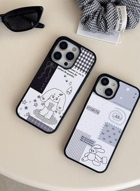 黑色蝴蝶结小灰兔适用于iPhone17promax手机壳苹果16pro/15pro黑白格子上班小兔14plus拼接13/12卡通11保护套
