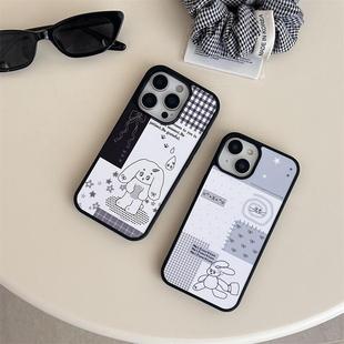 黑色蝴蝶结小灰兔适用于iPhone17promax手机壳苹果16pro/15pro黑白格子上班小兔14plus拼接13/12卡通11保护套