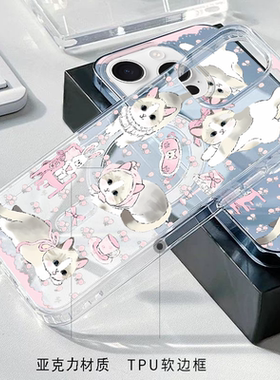 星幻花园小灰猫咪适用于iPhone17透明手机壳苹果16promax磁吸亚克力15pro/14proTPU软边框13/12/11保护套