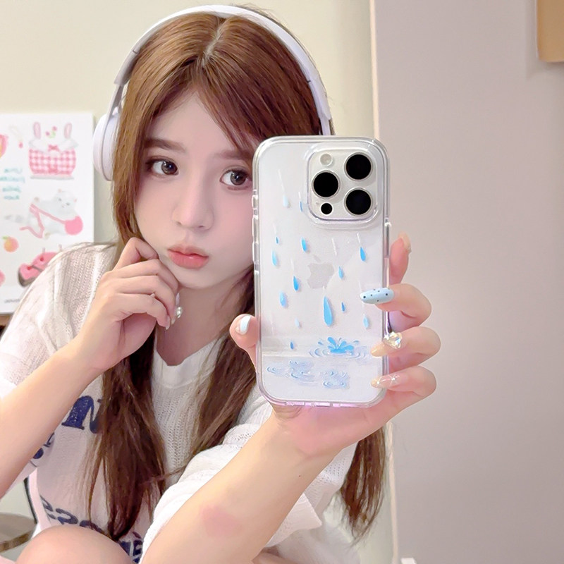 清新水面雨滴适用苹果17promax手机壳iPhone16promax透明15pro软壳14plus蓝色水珠13/12图案11保护套
