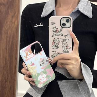 粉蝶猫猫适用于iPhone16promax手机壳二合一菲林苹果15pro可爱14plus涂鸦小狗13/12/11女款亮面XSMAX/XR/78p