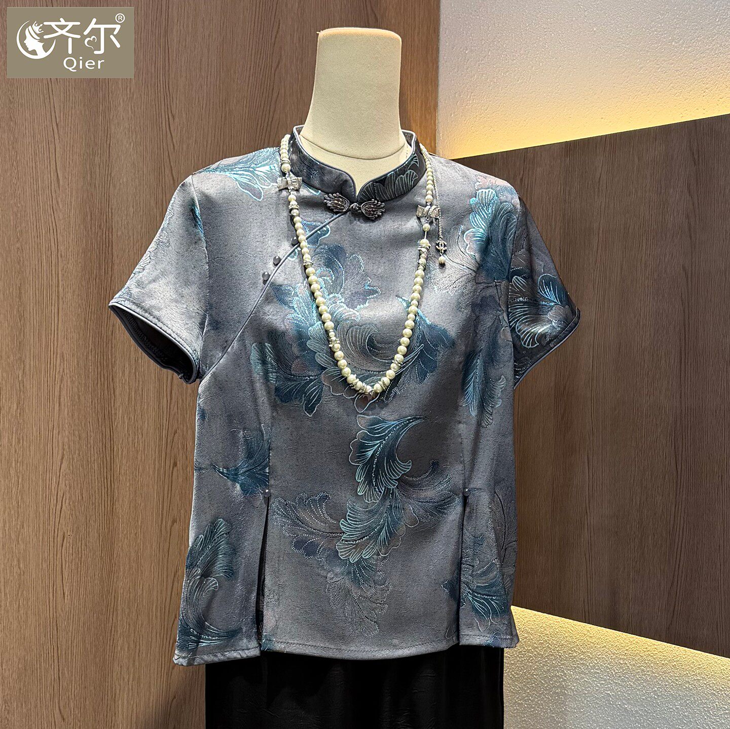 夏季旗袍短袖小衫新中式妈妈套装女上衣直筒裤子中老年女两件套