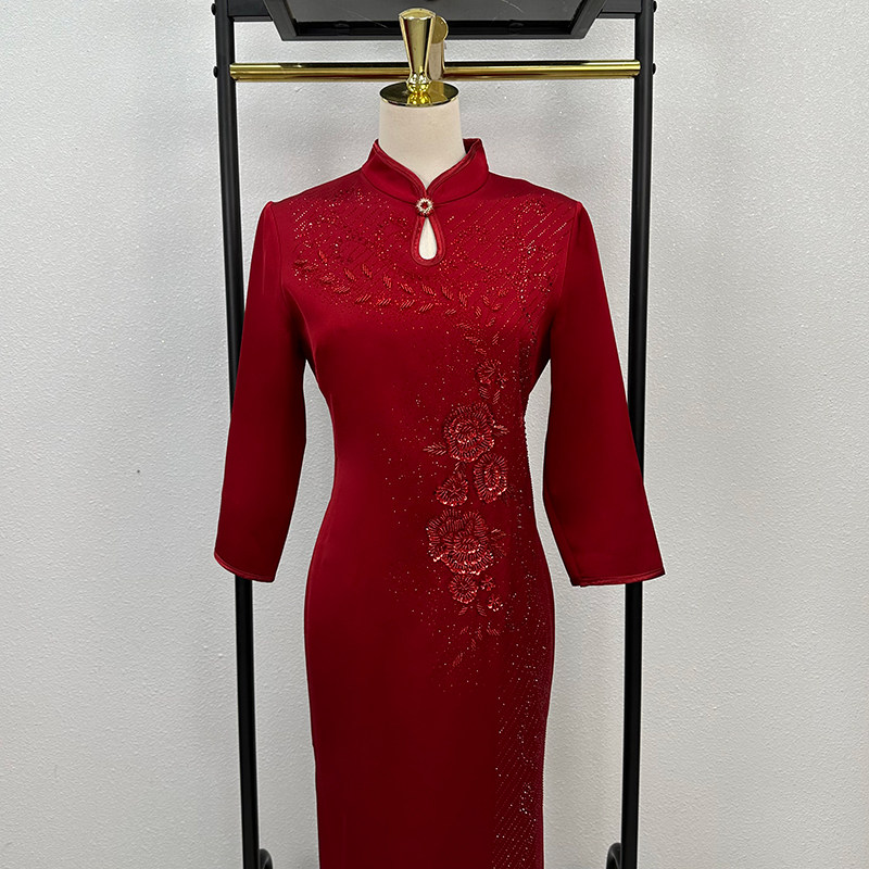 七分袖醋酸婚宴旗袍礼服