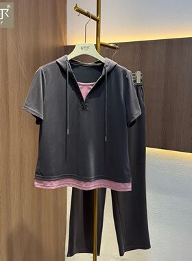 妈妈夏装休闲运动套装女2026夏季新款假两件连帽短袖两件套母亲节