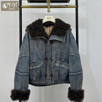 海宁秋冬新款牛仔派克白鹅绒服女短款羊羔毛真皮毛一体大翻领外套