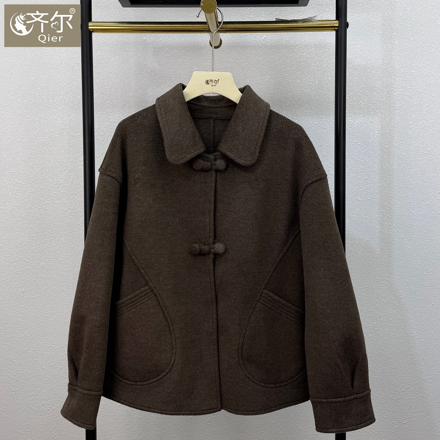 高端双面羊毛大衣女短款小个子妈妈装秋冬中老年毛呢外套盘扣中年