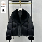 海宁大翻领羊羔毛皮毛一体拼接白鹅绒羽绒服女短款2025冬真皮皮草