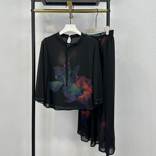 杭州夏季妈妈装年轻款桑蚕丝上衣新中式真丝套装松紧腰半身裙子