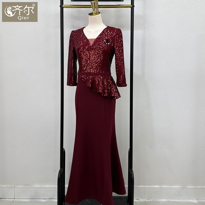 礼服长款洋气年轻收腰结婚妈妈亮片大码高贵喜服喜婆婆鱼尾连衣裙