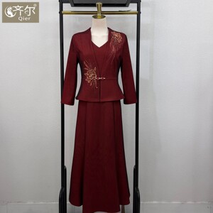 喜婆婆婚宴装旗袍高端年轻妈妈结婚礼服两件套婚礼套装九分袖秋冬