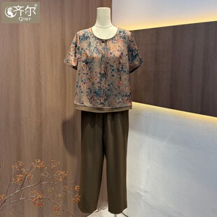 品牌中老年妈妈夏短袖套装女洋气印花弹力上衣阔腿裤子两件套宽松