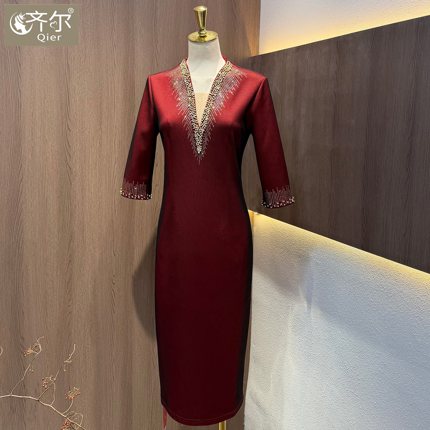 年轻妈妈装时尚气质V领礼服裙喜婆婆婚宴敬酒服小个子晚装连衣裙