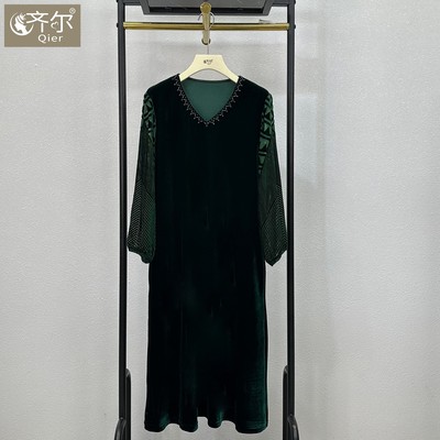 气质妈妈长袖连衣裙女2025春秋新款遮肚子显瘦真丝绒提花百搭裙子