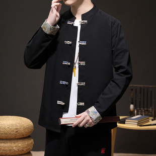 休闲国潮长袖衬衫男装春秋季新款立领盘口衬衣男款春装中式上衣服