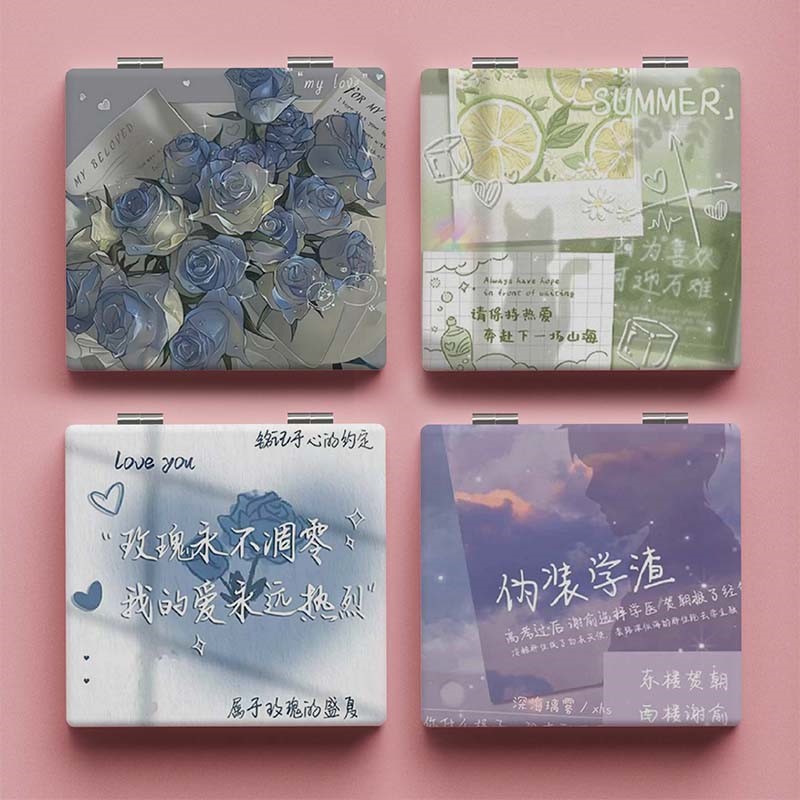 唯美个性随身小镜子学生双面镜折叠携带补妆镜女生皮面镜防摔ins