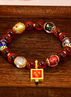 中式手链糖心蓝色玛瑙手串搭配五福多宝琉璃原创设计民族风手串