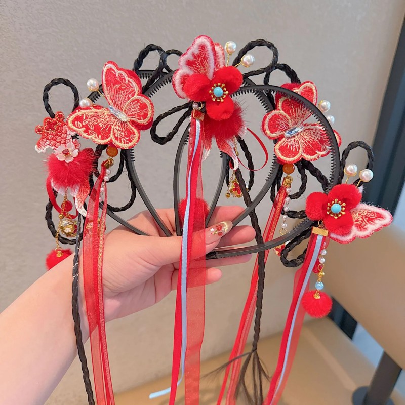 新年款流苏儿童发箍复古风假发辫子头箍小女孩可爱过年喜庆发饰