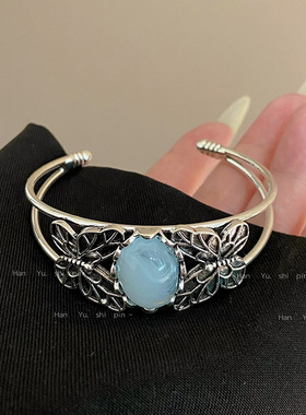 复古海宝蓝双层蝴蝶手镯时尚个性气质小众古风开口手环2024年新款