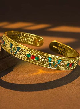 亚马逊跨境铜镀银琅彩蝴蝶手镯女实心开口心经复古中式古风手镯