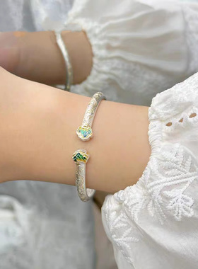 铜镀银仿古手镯中式江山如意描金手镯女唐草纹吉言手镯国风手镯