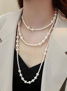 长款仿珍珠叠戴项链女生多层珍珠项链 旗袍配饰古风项链