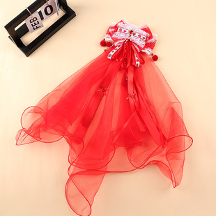 公主飘纱皇冠发夹儿童可爱红色头纱发饰女孩喜庆立体亮钻拍照头饰