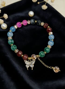 新款蝴蝶爆花水晶手链女生玻璃手链甜美女孩手链跨境手串礼物手饰